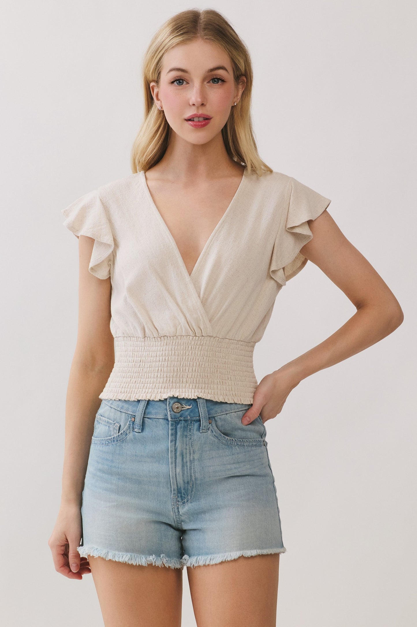 Surplice Ruffled Sleeve Crop Top