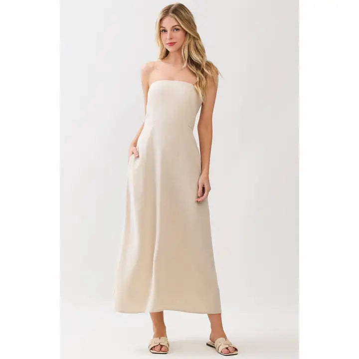 Linen Back Smocked Tube Top Midi Dress