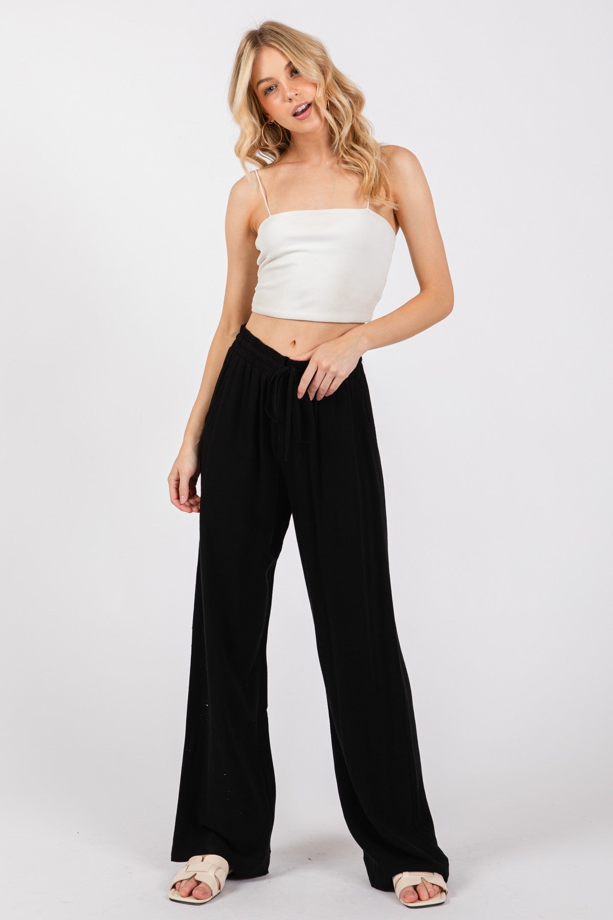 Drawstring Waist Wide Leg Pants