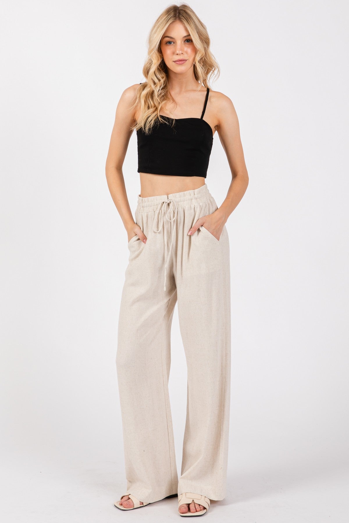 Drawstring Waist Wide Leg Pants