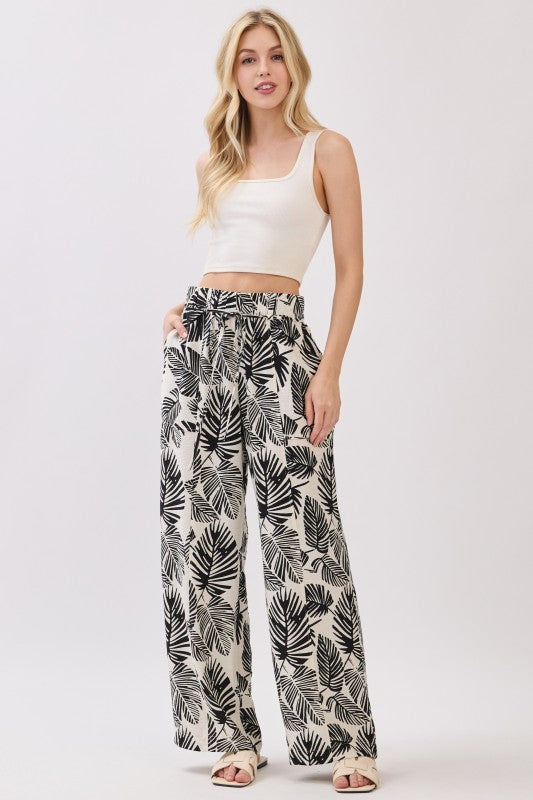 Waist Elastic Wide Leg Pants W/ Tie