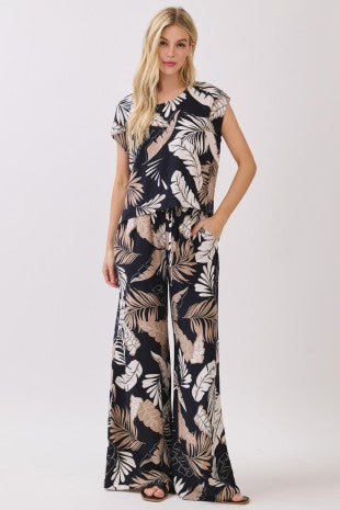 Tropical Print Wide Leg Pants
