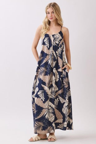 Shirring With Adjustable Tie Maxi Dress