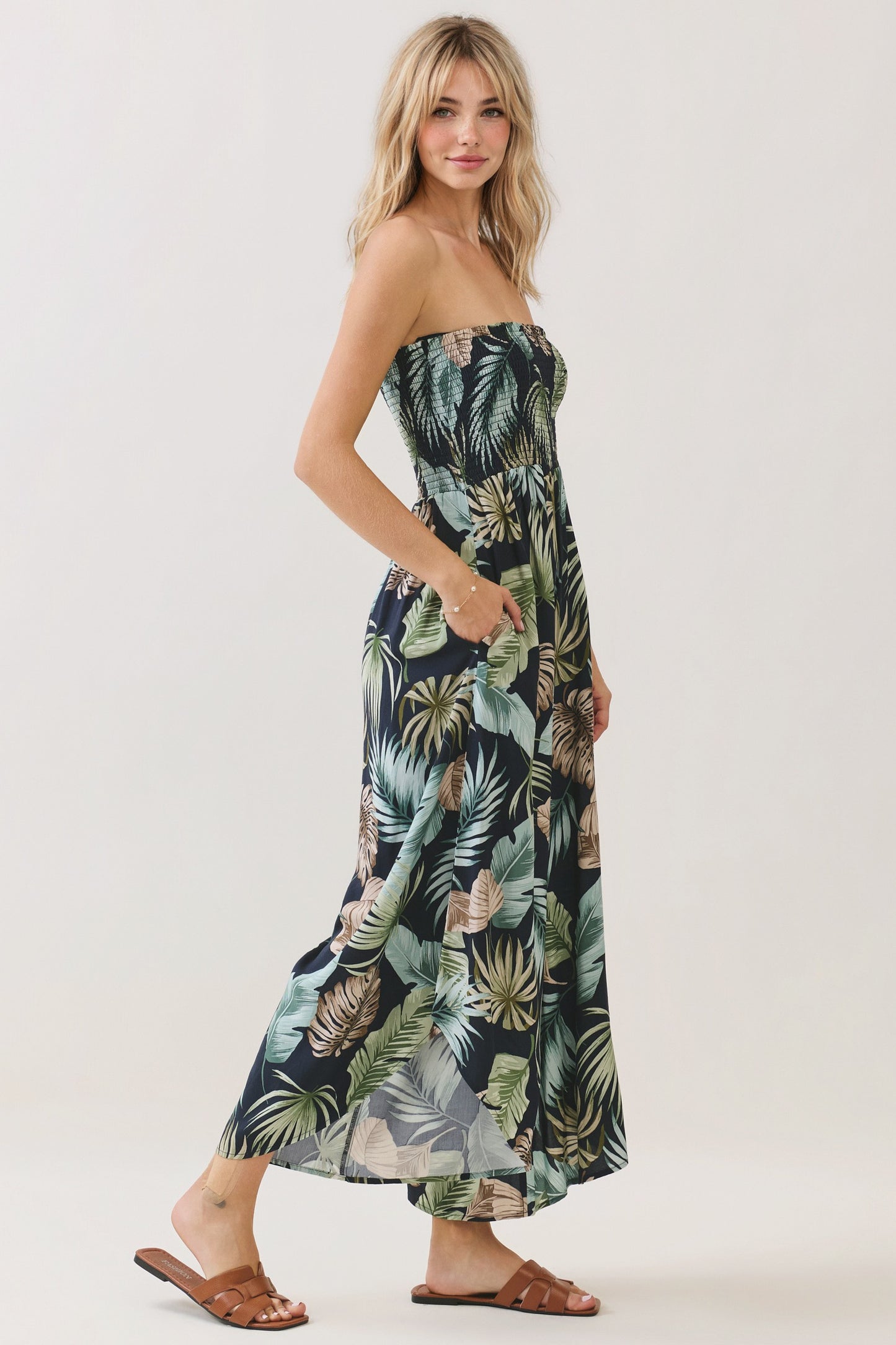 Smocked Detail Print Jumpsuit