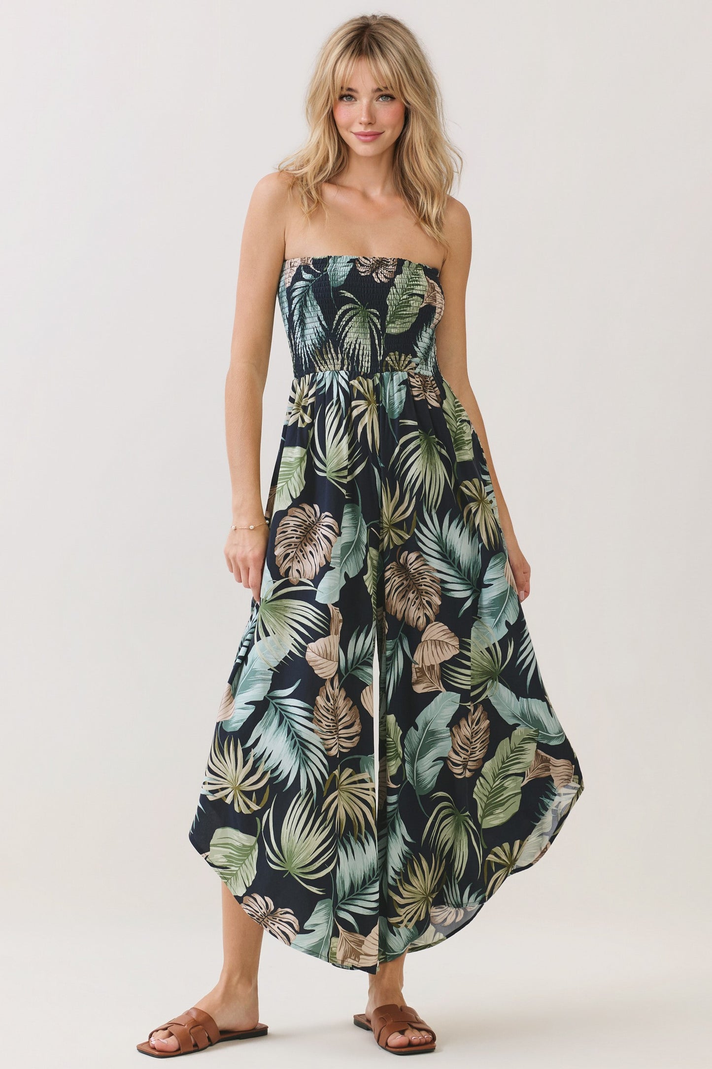 Smocked Detail Print Jumpsuit