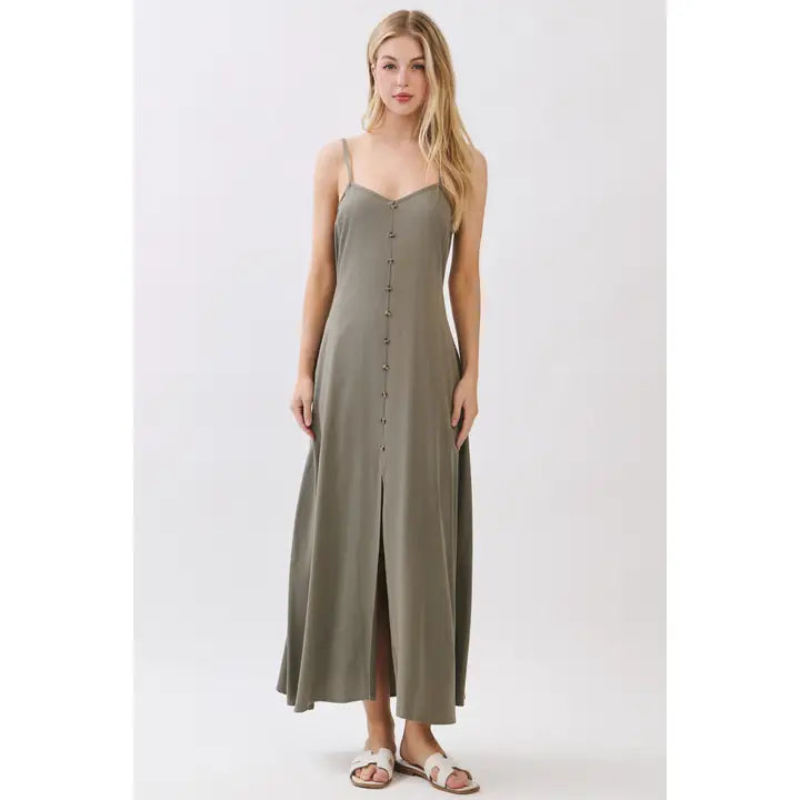 Buttoned Trim and Slit Dress