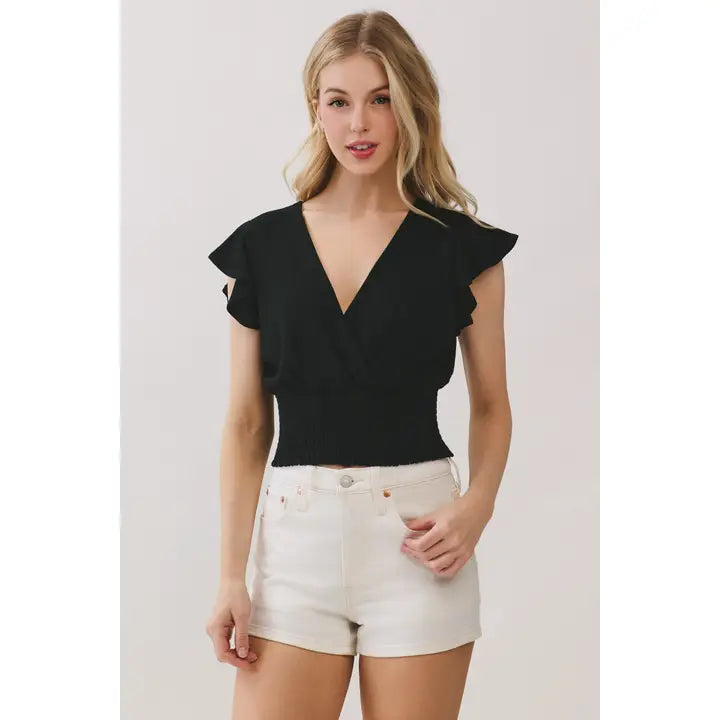 Surplice Ruffled Sleeve Crop Top