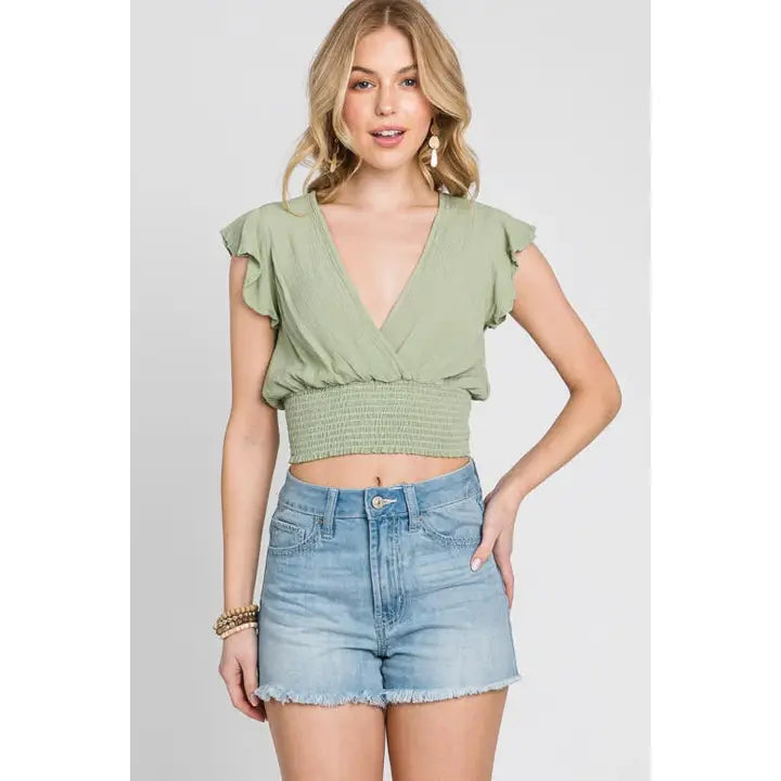 Surplice Ruffled Sleeve Crop Top