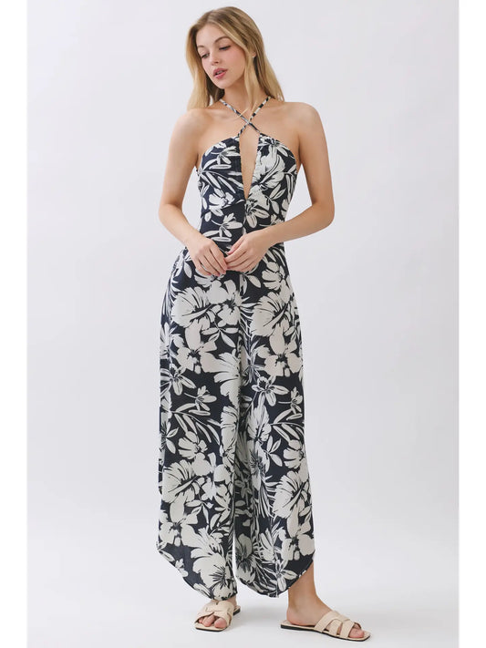 Print V-Neck Wide Leg Jumpsuit