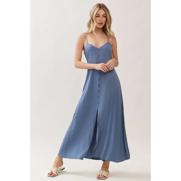 Buttoned Trim and Slit Dress