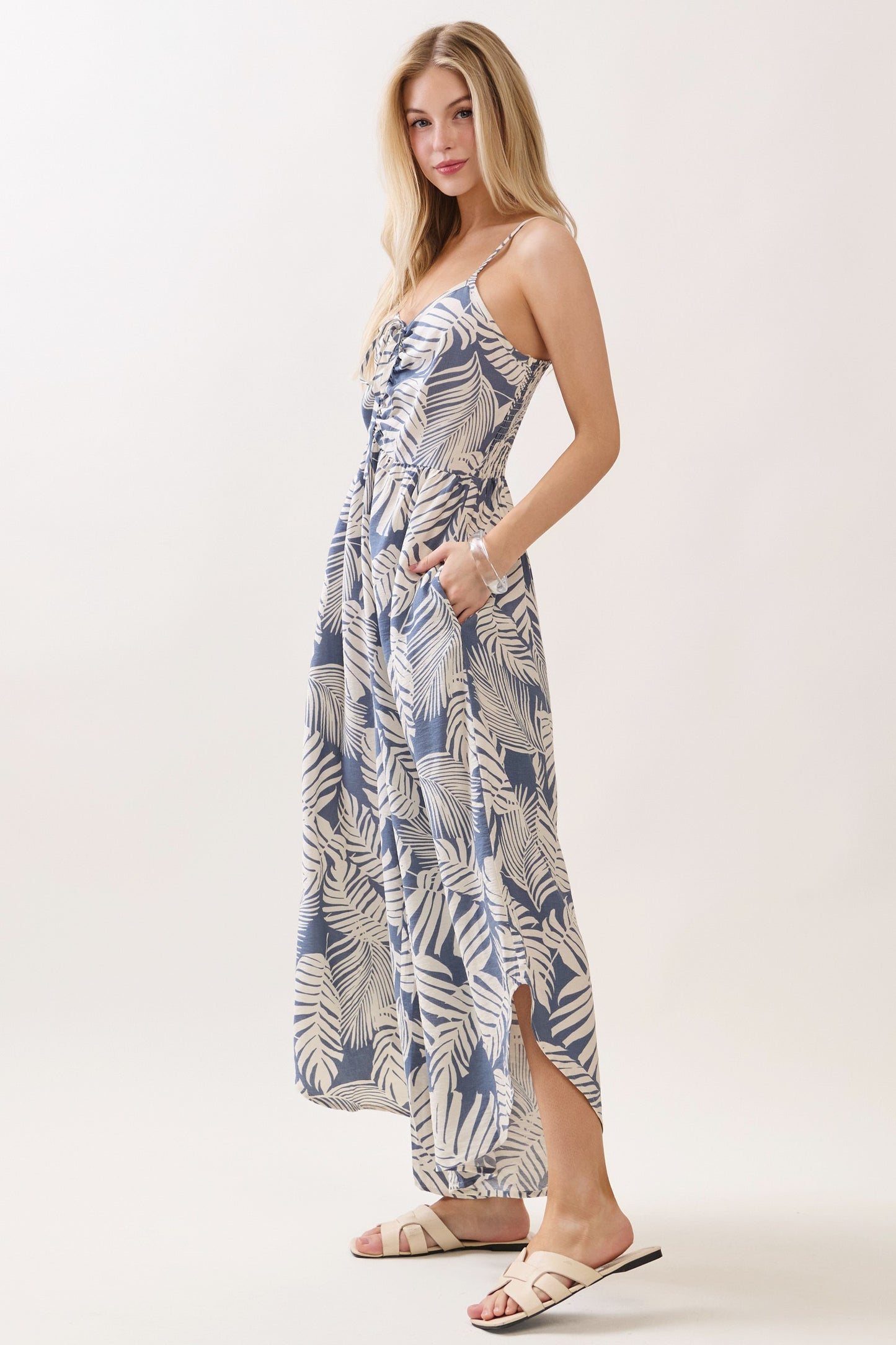 Tropical Front Ruched Midi Jumpsuit